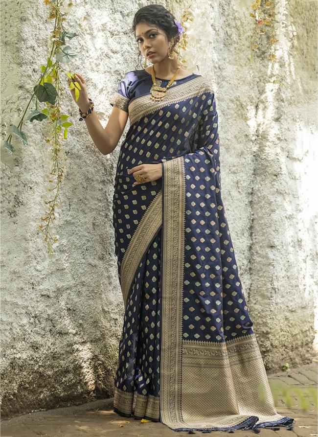 Navy Blue Soft Banarasi Silk  Traditional Wear Zari Work Saree